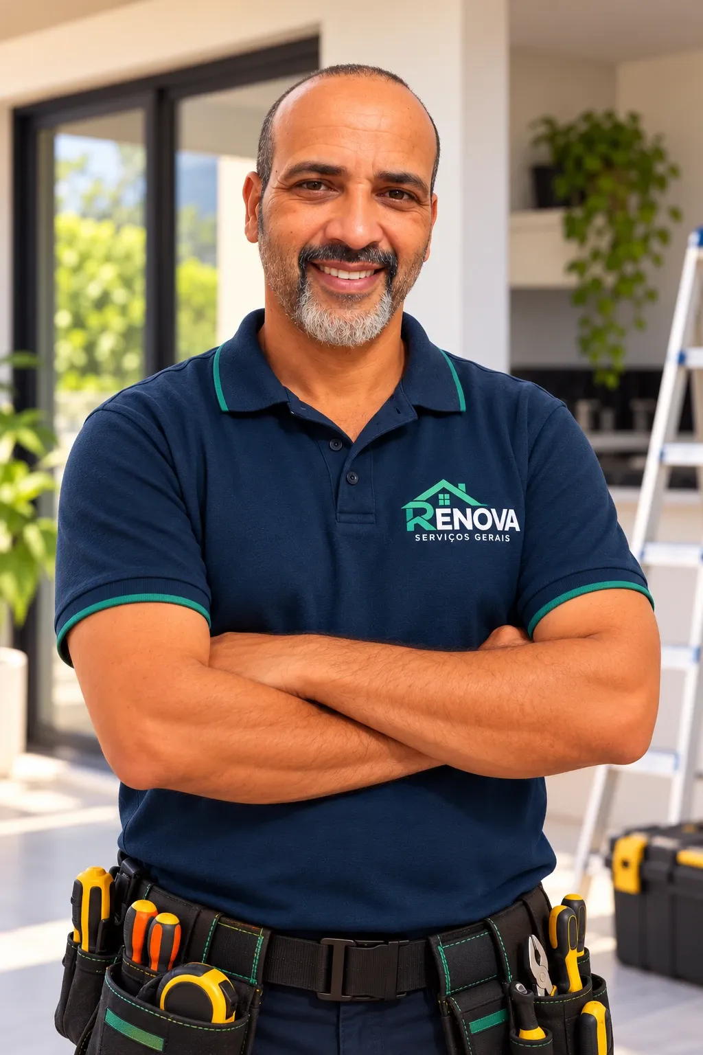 Marcos Roberto, da Renova, sorrindo de braços cruzados com a camisa da empresa e cinto de ferramentas
